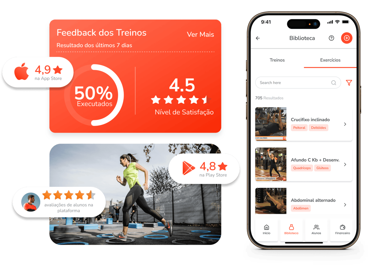Aplicativo Personal Fit: feedback dos treinos, biblioteca de exercícios e avaliações 4,9 na App Store e 4,8 na Play Store