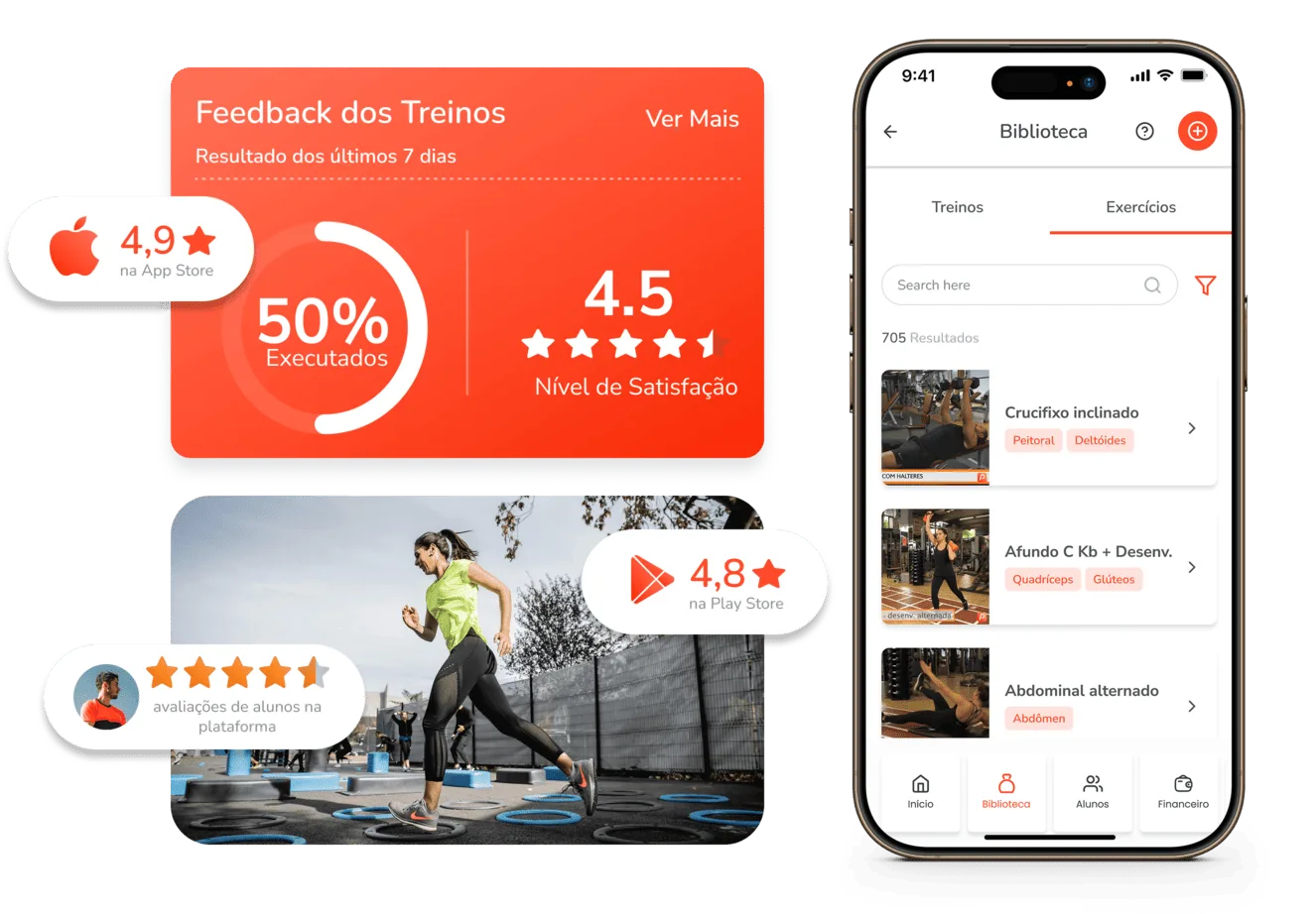 Aplicativo Personal Fit: feedback dos treinos, biblioteca de exercícios e avaliações 4,9 na App Store e 4,8 na Play Store