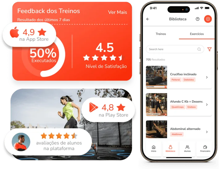 Aplicativo Personal Fit: feedback dos treinos, biblioteca de exercícios e avaliações 4,9 na App Store e 4,8 na Play Store